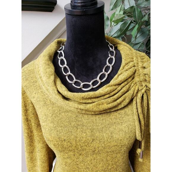 Coco Bianco Sweater Women's XL Yellow Knit Cowl Neck Asymmetrical Slit Hem - Picture 3 of 12